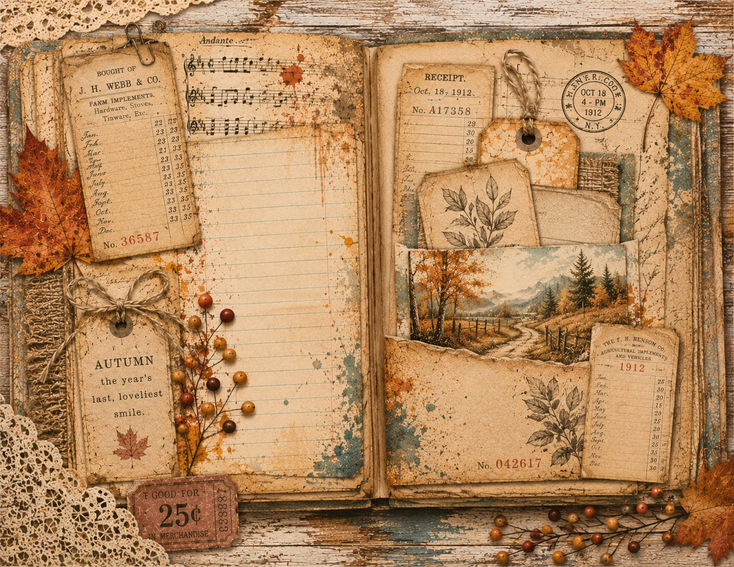 New! Autumn in the Ledger – 22 Page Vintage Fall Junk Journal Digital Collection