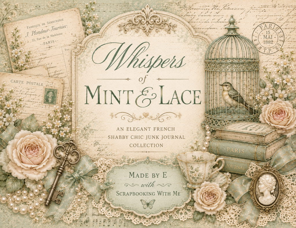 NEW! By E - Whispers of Mint & Lace - French Shabby Chic Digital Journal Kit - 30 JournalPages w/backgrounds
