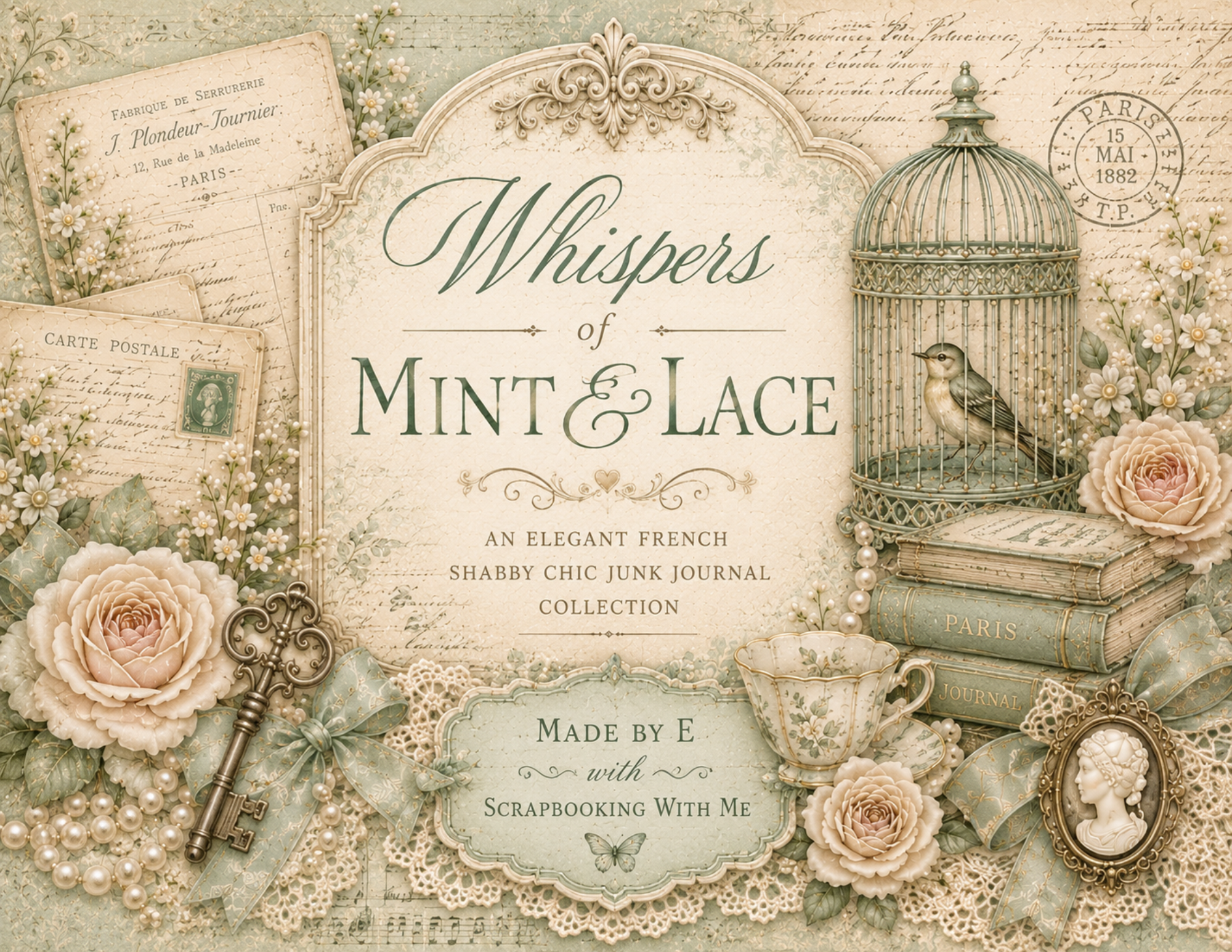 NEW! By E - Whispers of Mint & Lace - French Shabby Chic Digital Journal Kit - 30 JournalPages w/backgrounds