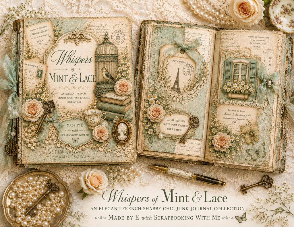 NEW! By E - Whispers of Mint & Lace - French Shabby Chic Digital Journal Kit - 30 JournalPages w/backgrounds