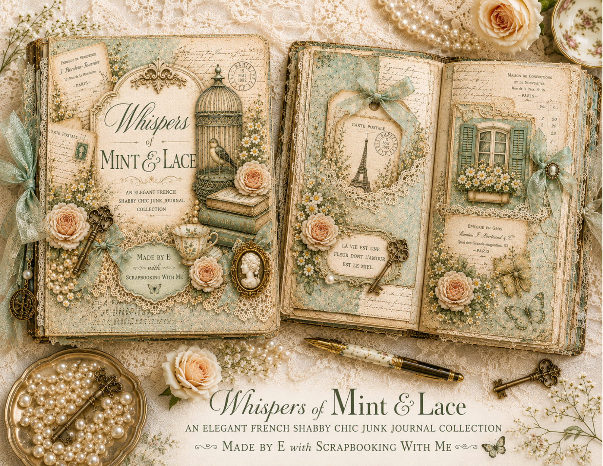 NEW! By E - Whispers of Mint & Lace - French Shabby Chic Digital Journal Kit - 30 JournalPages w/backgrounds