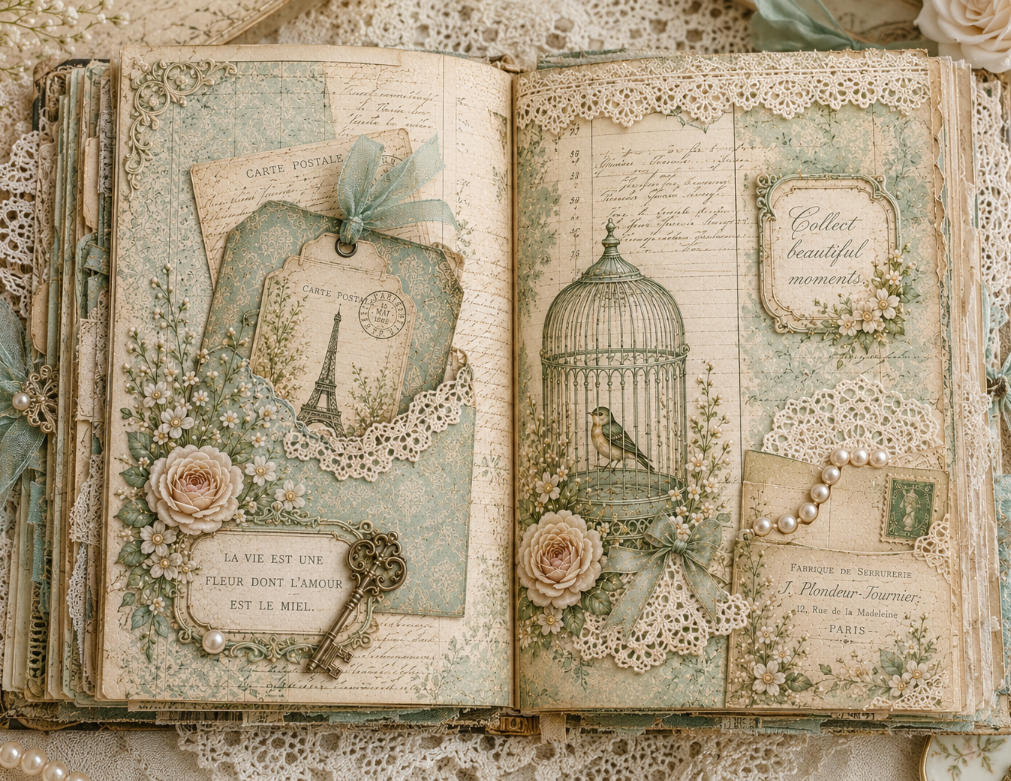 NEW! By E - Whispers of Mint & Lace - French Shabby Chic Digital Journal Kit - 30 JournalPages w/backgrounds