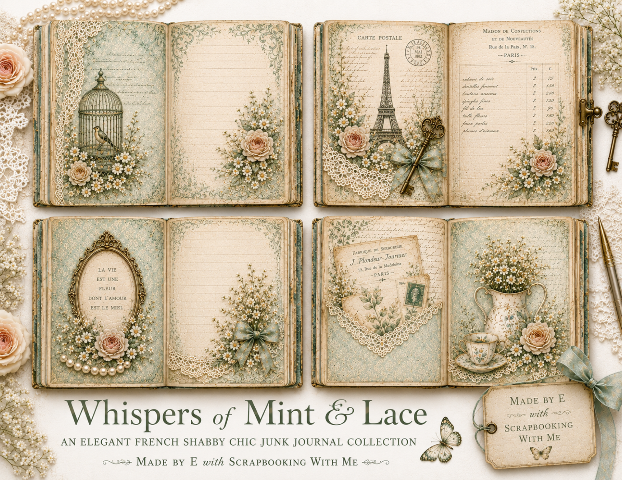 NEW! By E - Whispers of Mint & Lace - French Shabby Chic Digital Journal Kit - 30 JournalPages w/backgrounds