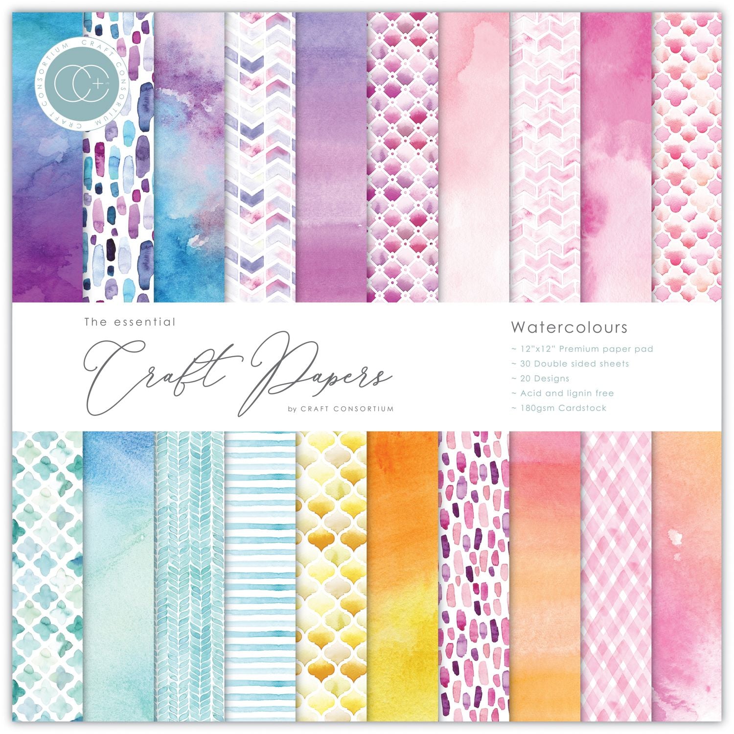 New Craft Consortium Watercolor 12x12 - 30 double sided sheets - 20 designs