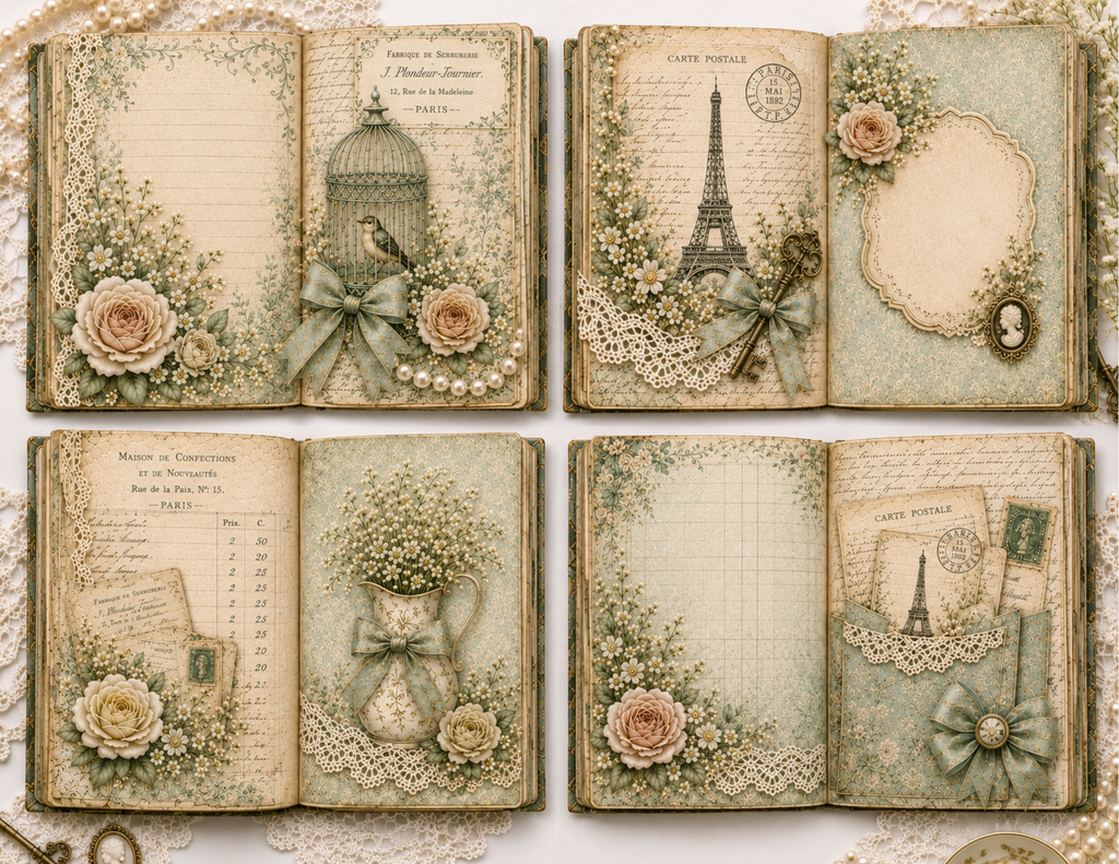 NEW! By E - Whispers of Mint & Lace - French Shabby Chic Digital Journal Kit - 30 JournalPages w/backgrounds