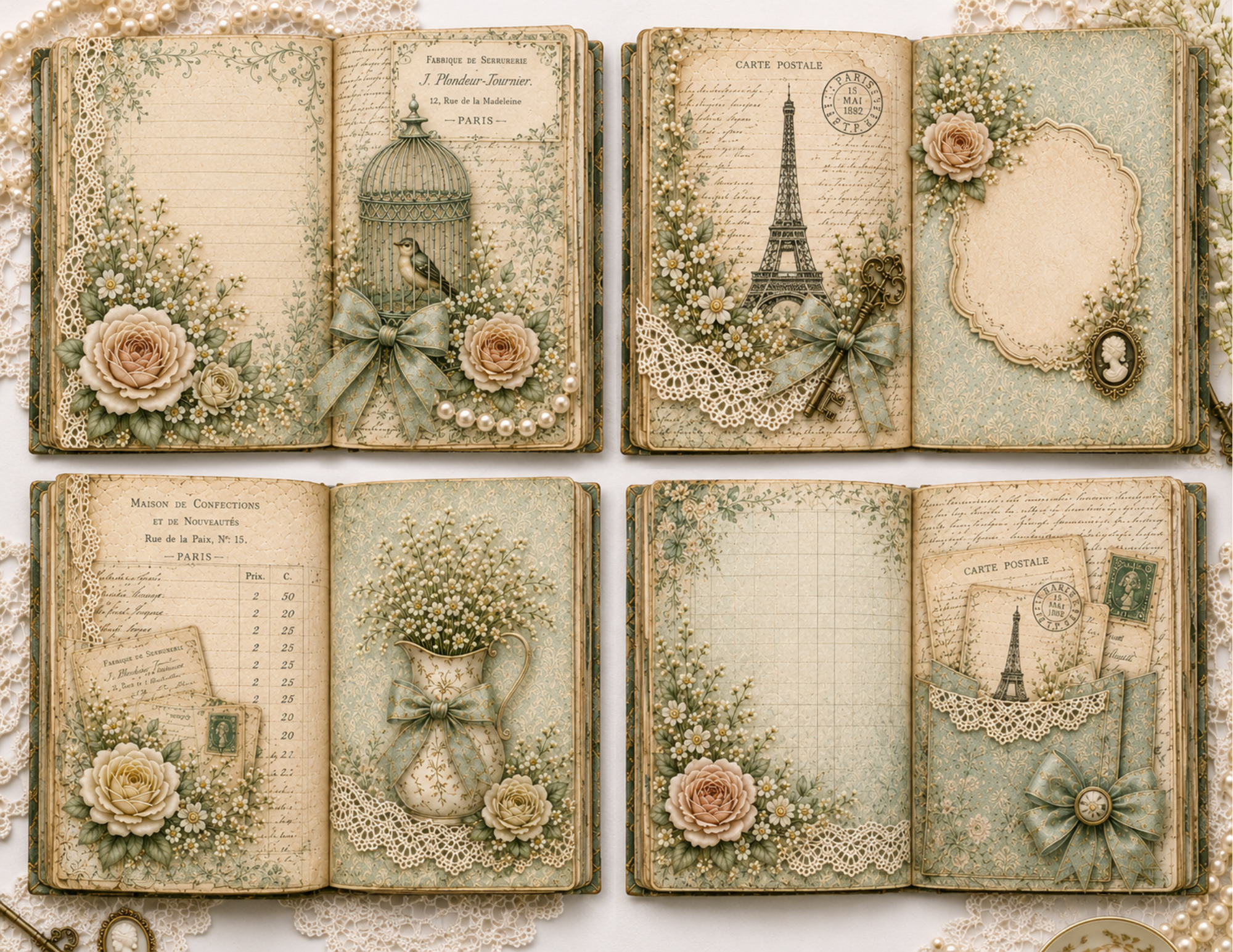NEW! By E - Whispers of Mint & Lace - French Shabby Chic Digital Journal Kit - 30 JournalPages w/backgrounds