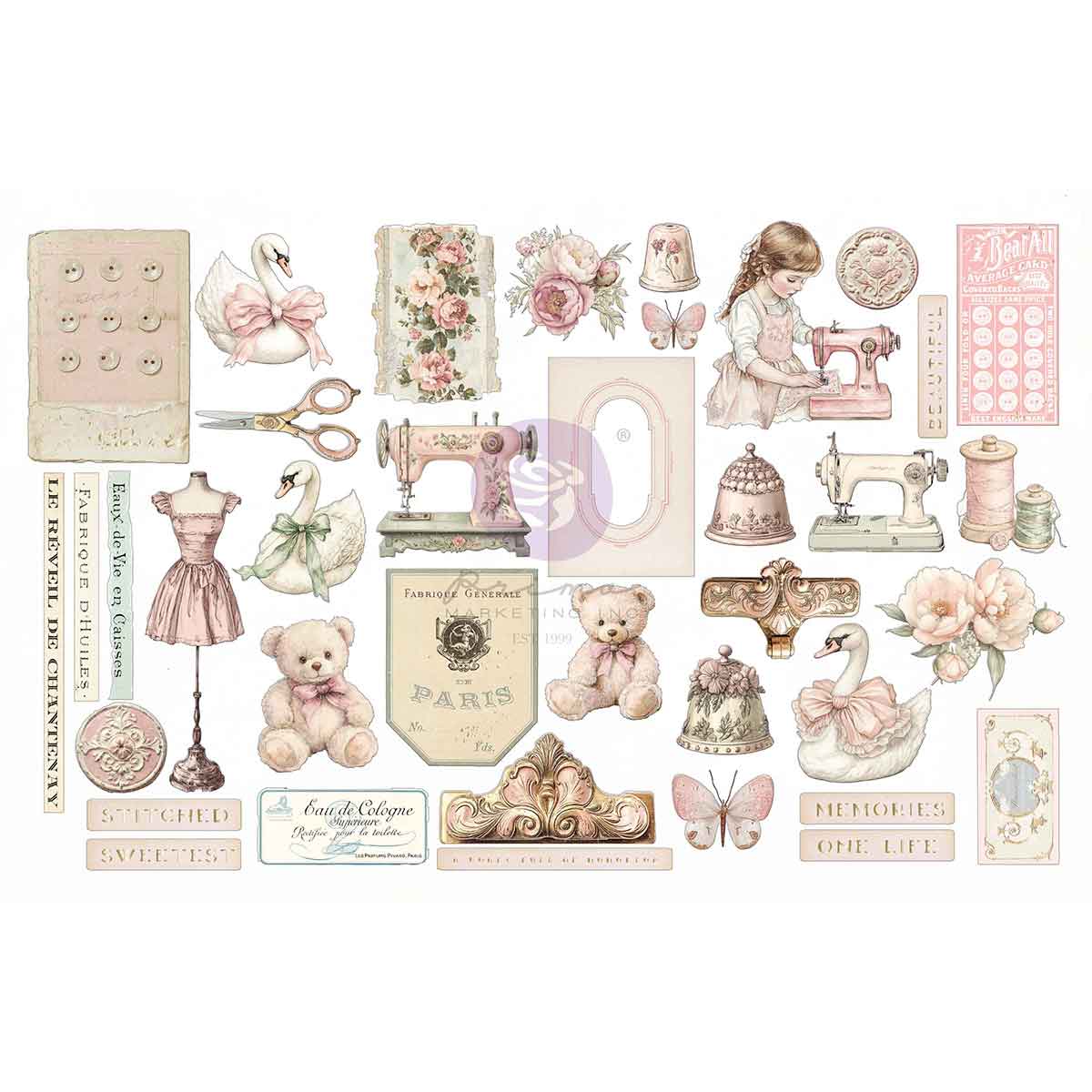 Brand NEW! Buttons & Keepsakes Collection Ephemera – Stitched Clippings – 76 pcs w/ foil detail