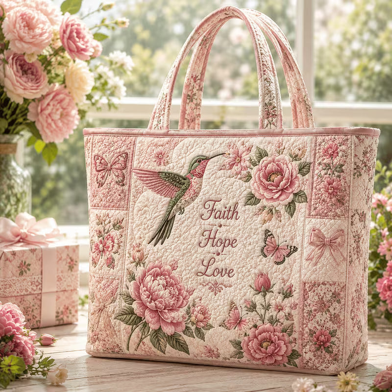 New Pink Faith Floral Tote Bag, Rose Inspirational Quote Print, Large Capacity Quilted 17"x15"