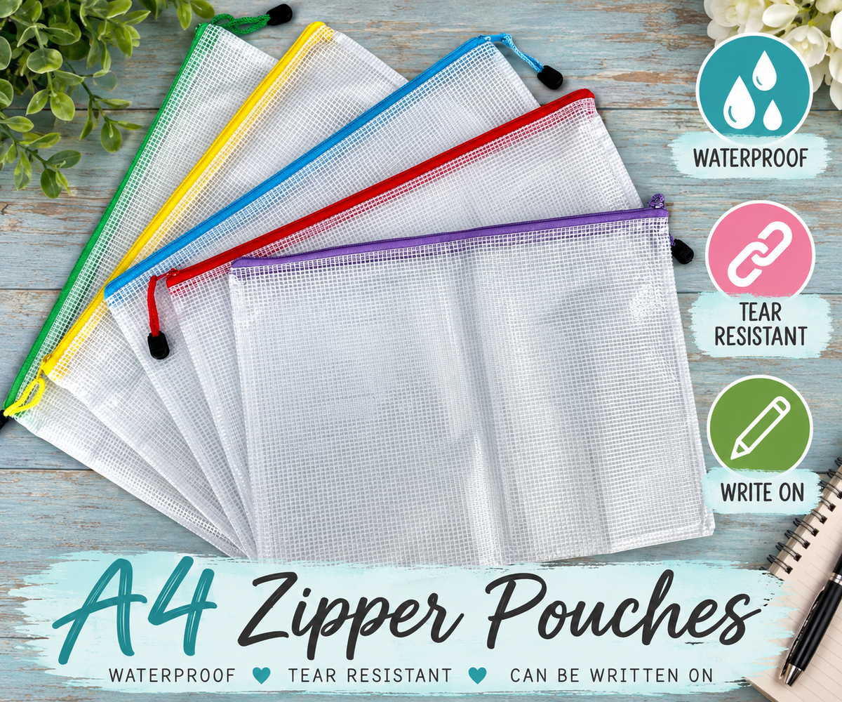 NEW! 5 - A4- Zipper Pouches, Waterproof, Tear Resistant, Write on