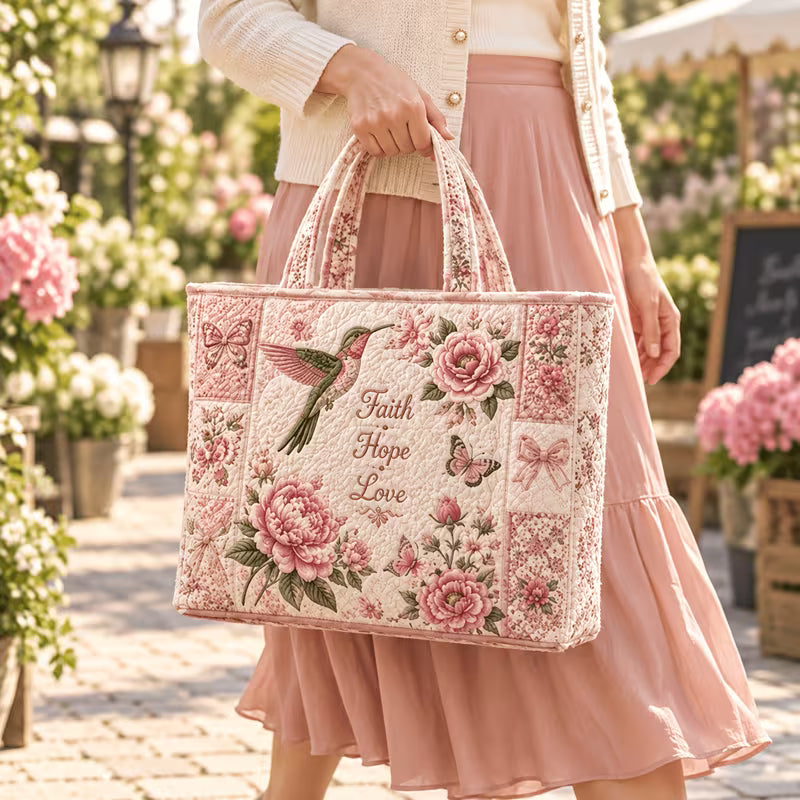 New Pink Faith Floral Tote Bag, Rose Inspirational Quote Print, Large Capacity Quilted 17"x15"