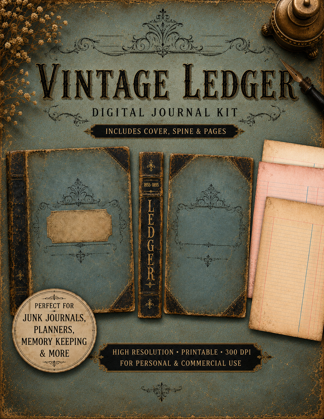 E's Ledger Pages with Cover, Spine and Back - Digital Download - Create your own Journal Ledger - 24 pages