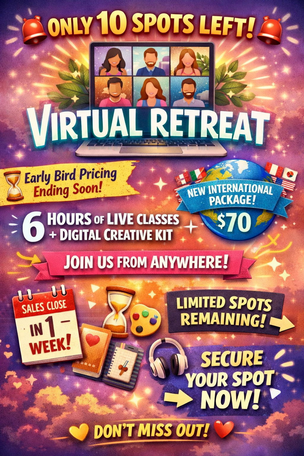 NEW! INTERNATIONAL RETREAT! E's Virtual Retreat International - 6 hours LIVE classes + Large DIGITAL Kit