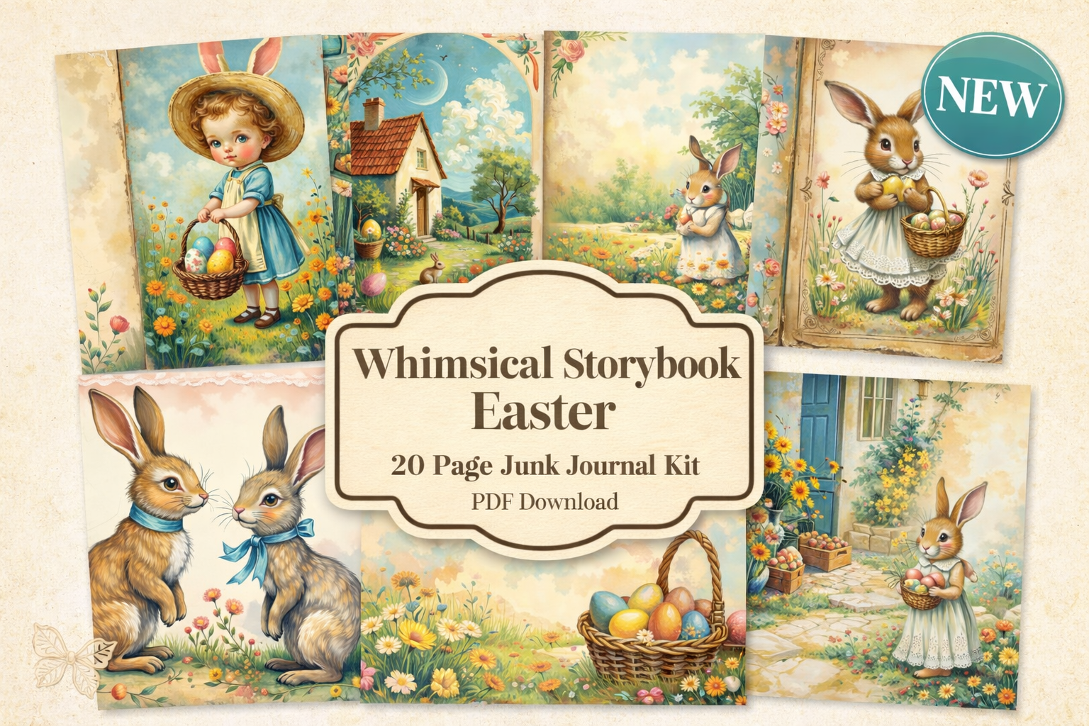 New PRINT AND SHIP Whimsical Storybook Easter Journal Kit, Bunny & Cottage Garden 20 pages by E
