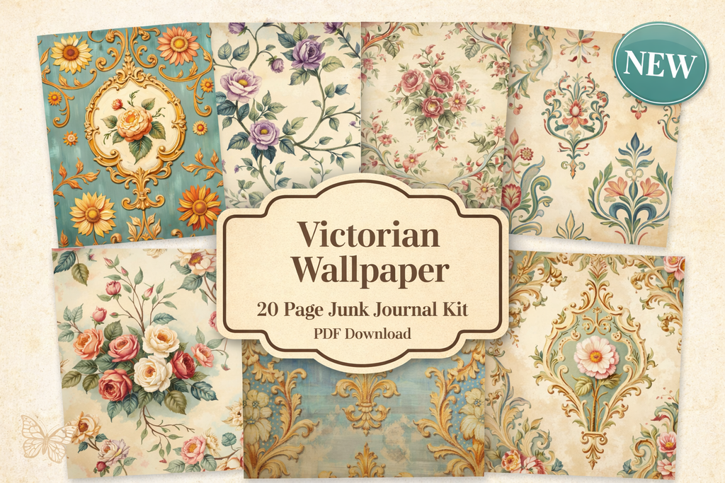 Victorian Wallpaper Junk Journal Kit, Vintage Floral Damask Printable 20 pages by E