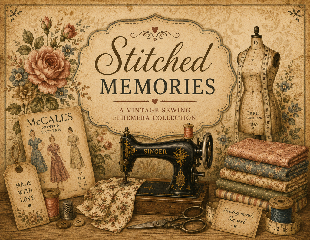 New! Stitched Memories Junk Journal Kit, Vintage Sewing Ephemera 16 pages by E