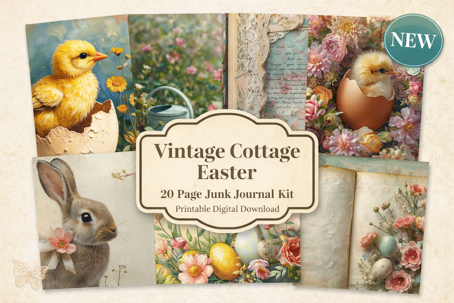 New Print and Ship Vintage Cottage Easter Journal Kit, Shabby Chic Spring Printable 20 Pages by E (Copy)