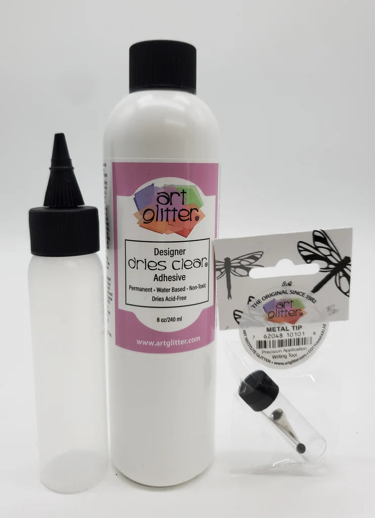 New! Art Glitter Designer Dries Clear Glue Kit – 8oz & 2oz Bottles with Ultra Fine Metal Tip and Pin