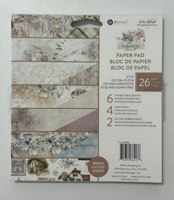 BRAND NEW! Bohemian Heart 6x6 Paper Pad by Prima 26 Sheets
