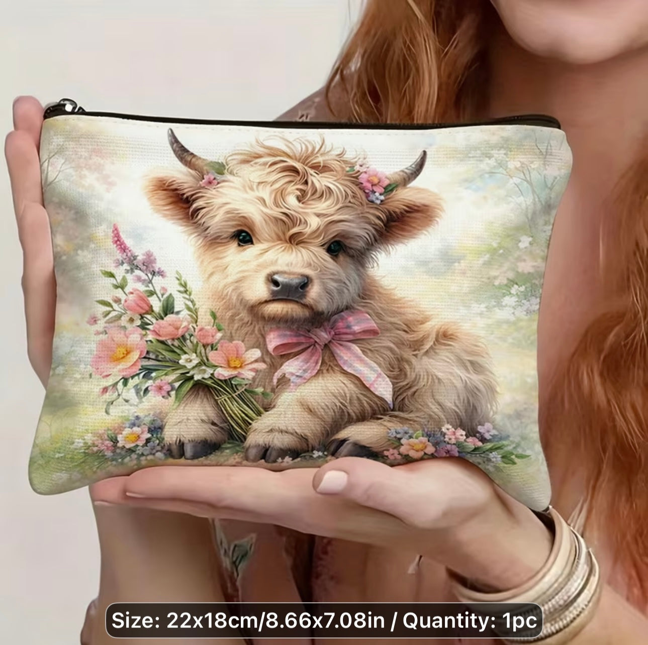 New! Spring Highland Cow Floral Pattern Makeup bag, Double sided design