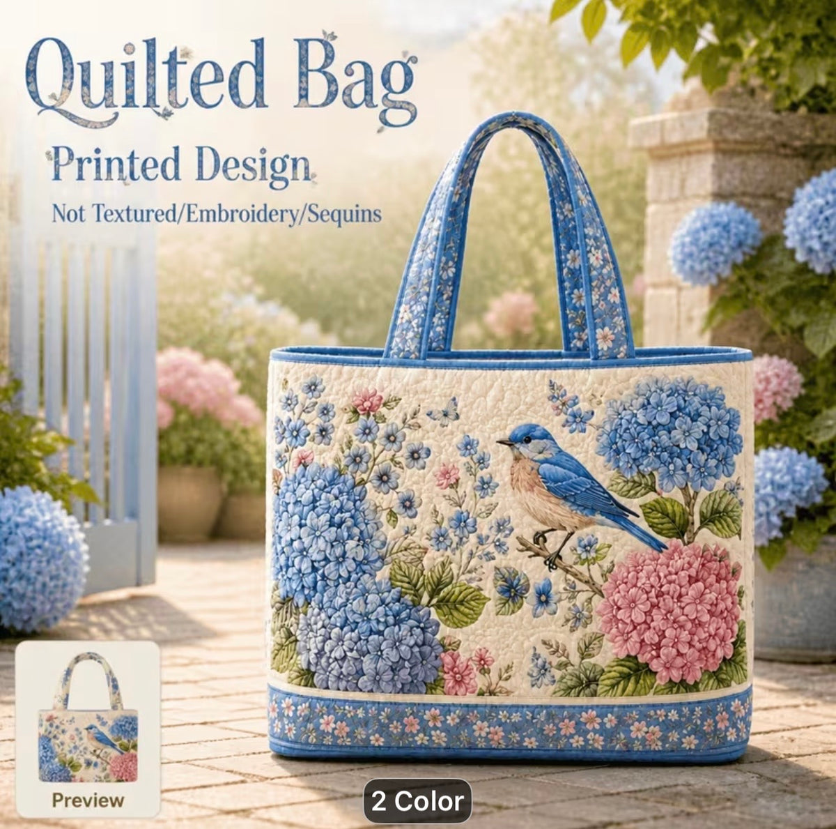 NEW! Women'S Bluebird Hydrangea And Wildflower Large Capacity Quilted Tote Bag