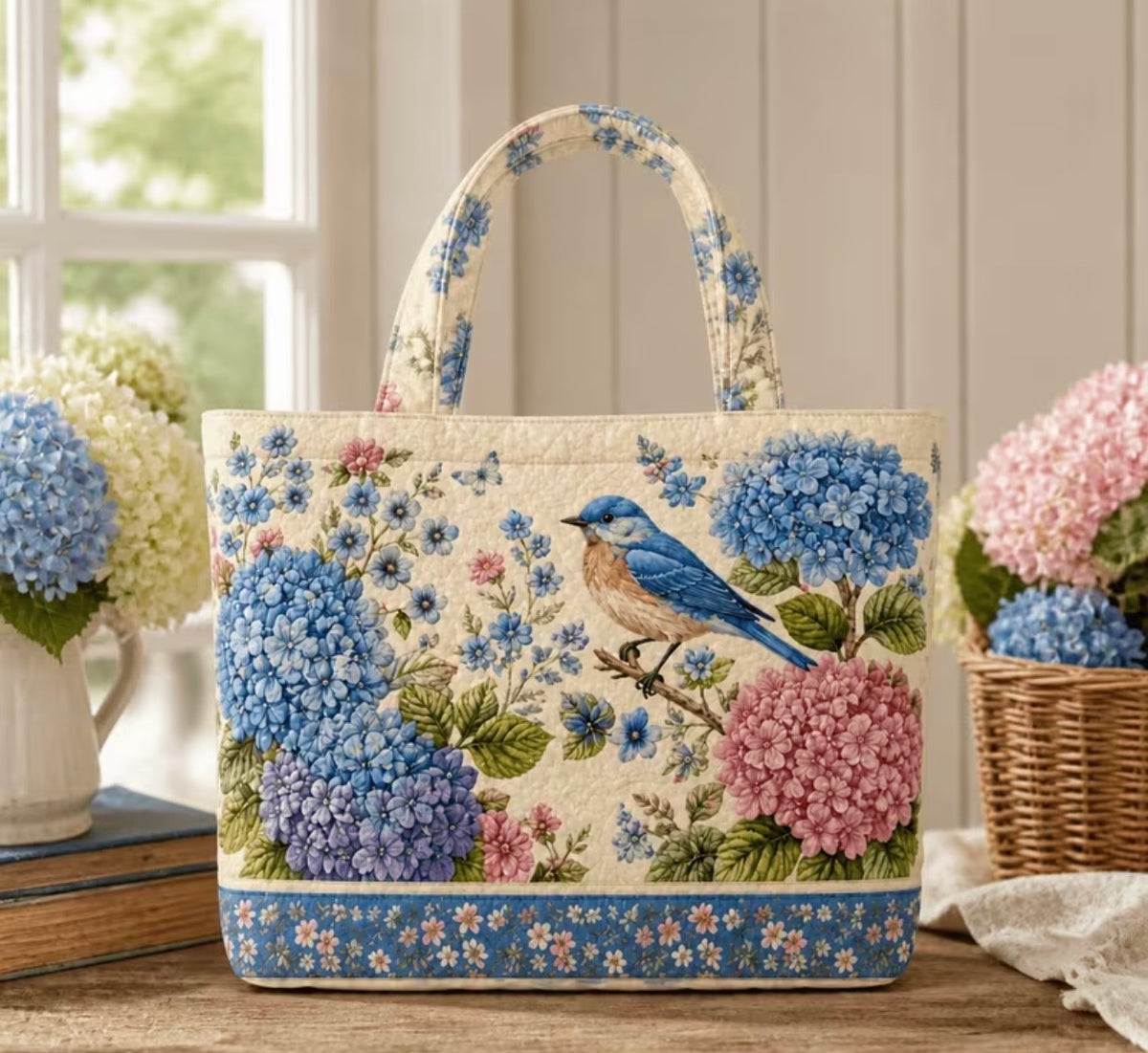 NEW! Women'S Bluebird Hydrangea And Wildflower Large Capacity Quilted Tote Bag