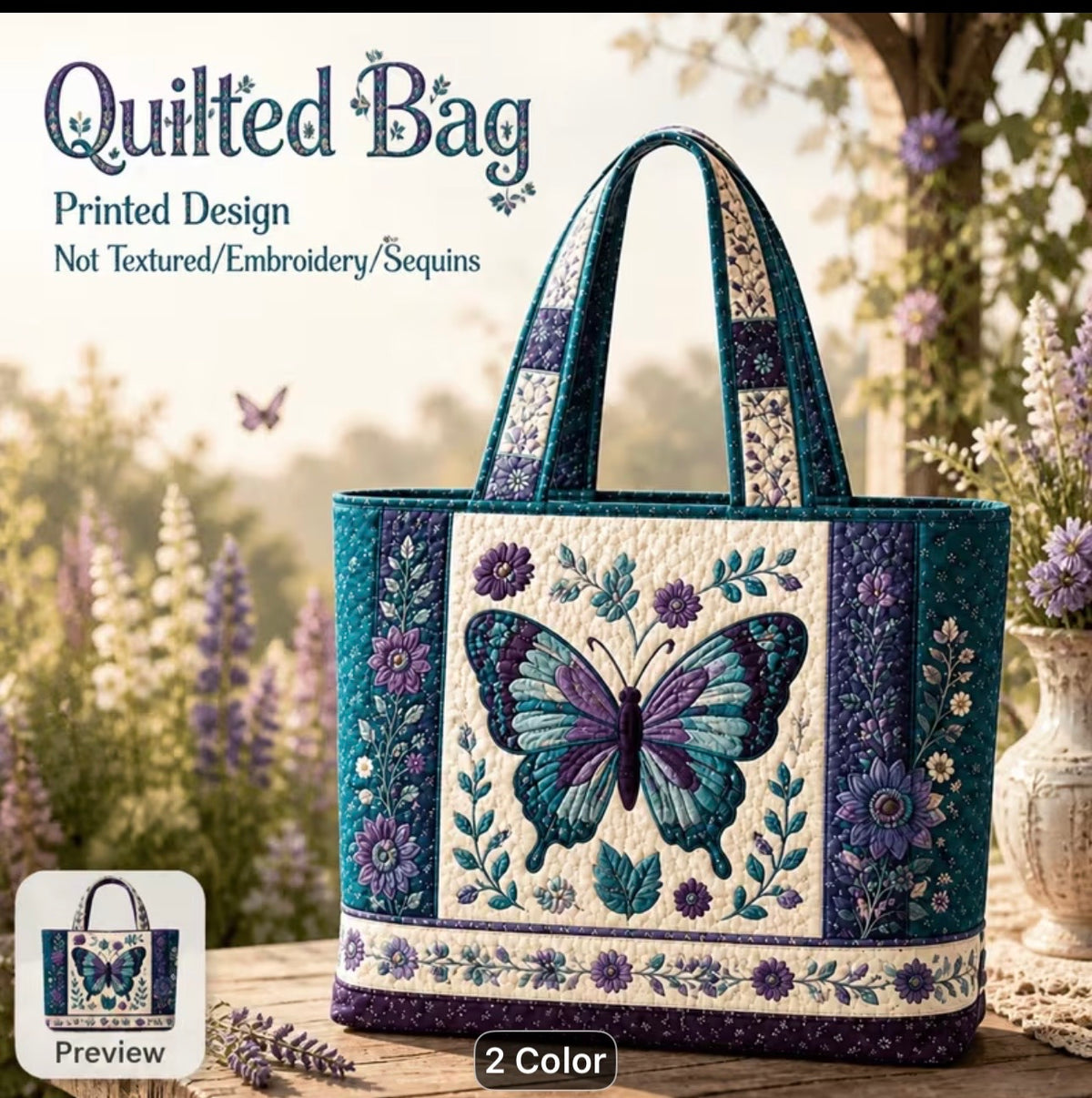 NEW! Women'S Vintage Purple Blue Butterfly Floral Large Capacity Quilted Tote Bag