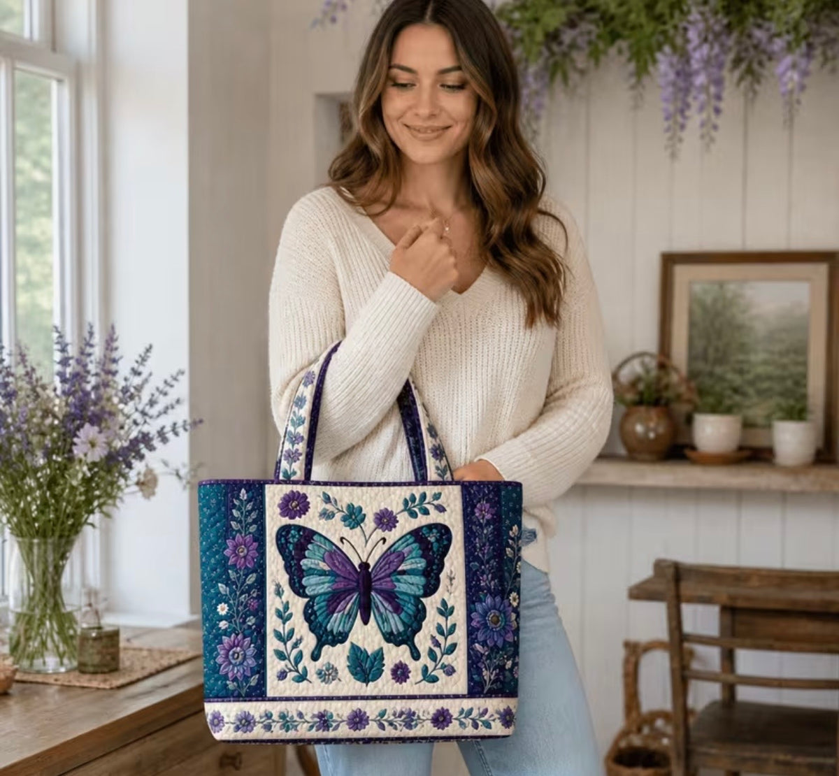 NEW! Women'S Vintage Purple Blue Butterfly Floral Large Capacity Quilted Tote Bag