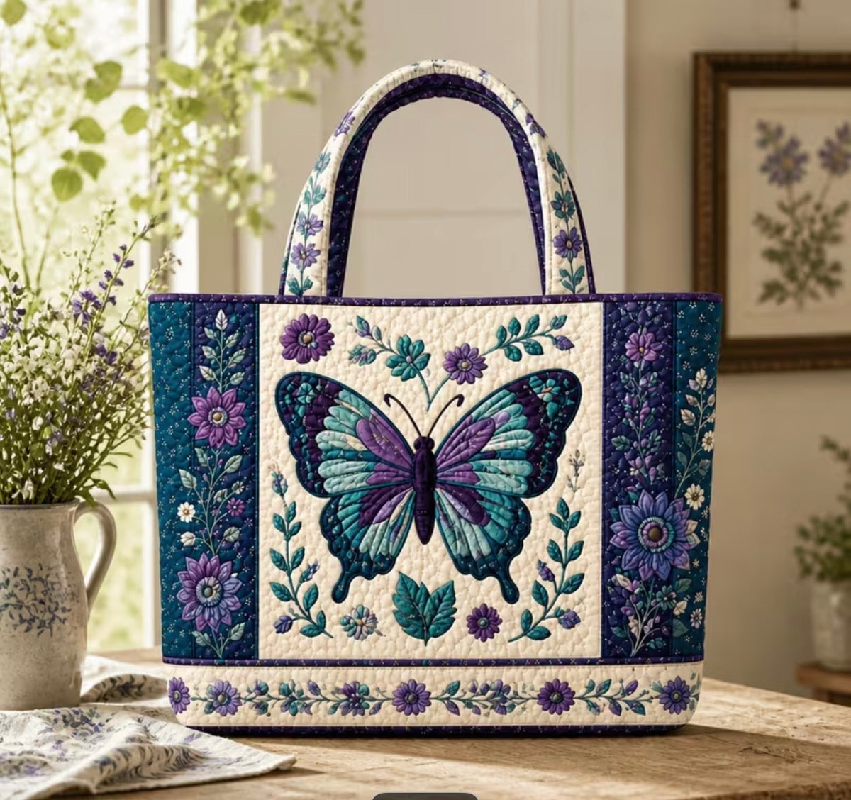 NEW! Women'S Vintage Purple Blue Butterfly Floral Large Capacity Quilted Tote Bag
