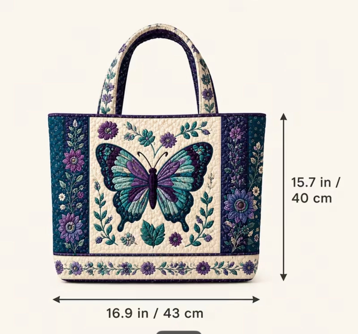NEW! Women'S Vintage Purple Blue Butterfly Floral Large Capacity Quilted Tote Bag