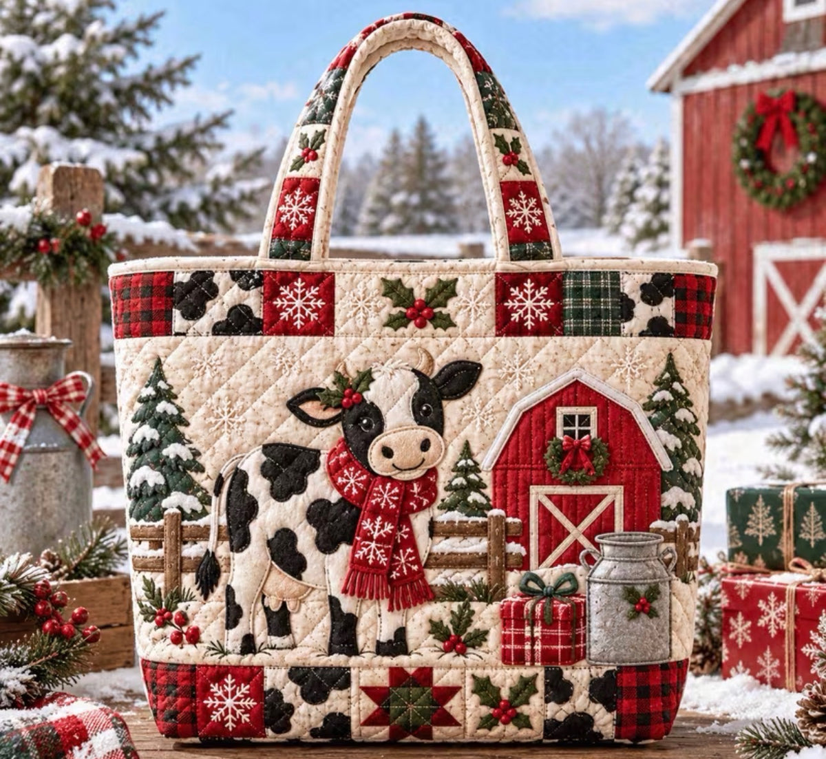 New! Just IN! Holiday Farmhouse Cow ~ Large Quilted Tote Bag 17"x15"x4"
