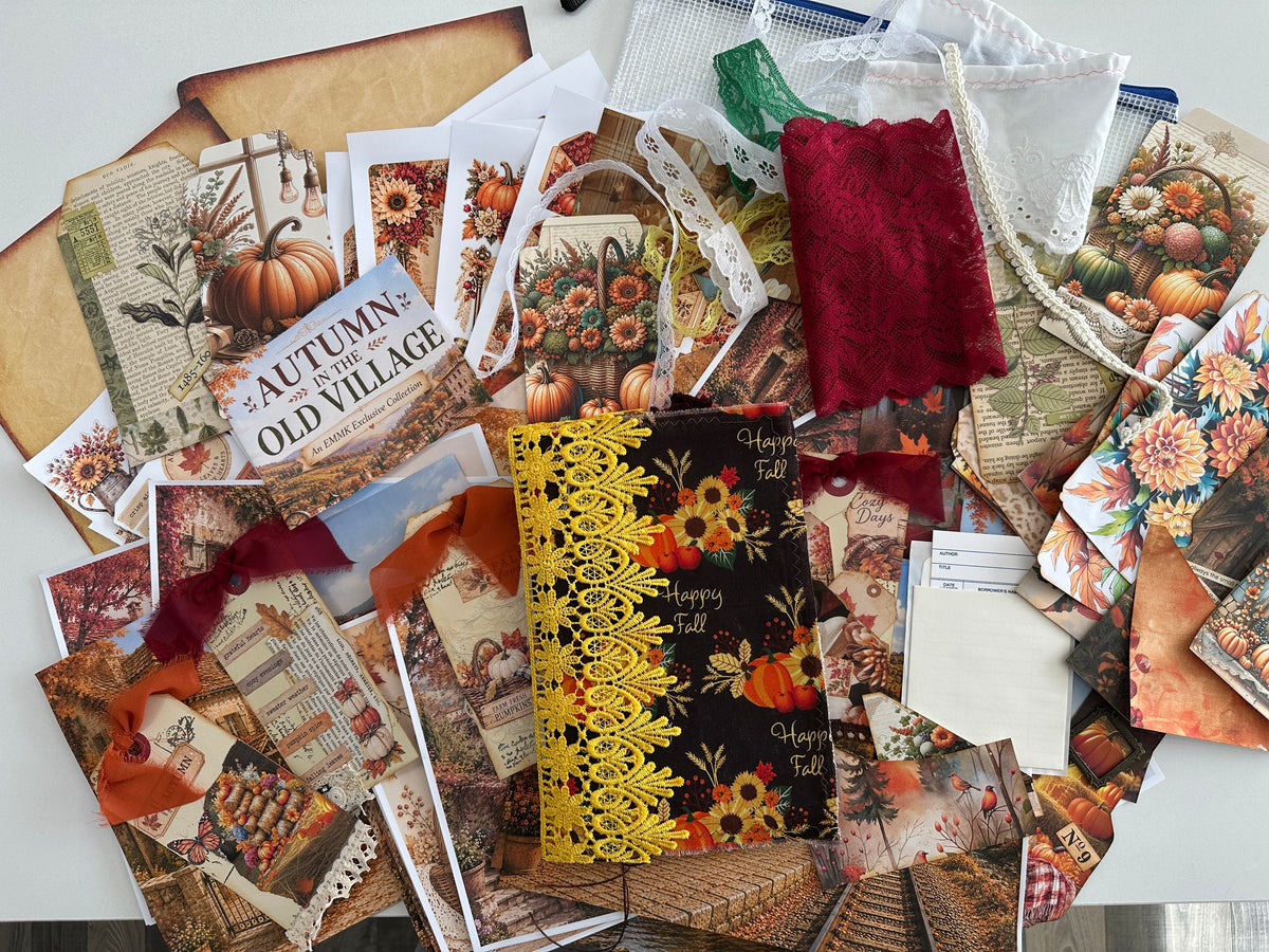 E's Destash Fall Journal with 2 Signatures sew in, over 70 Sheets of coordinating paper. Many, Many Embellishments
