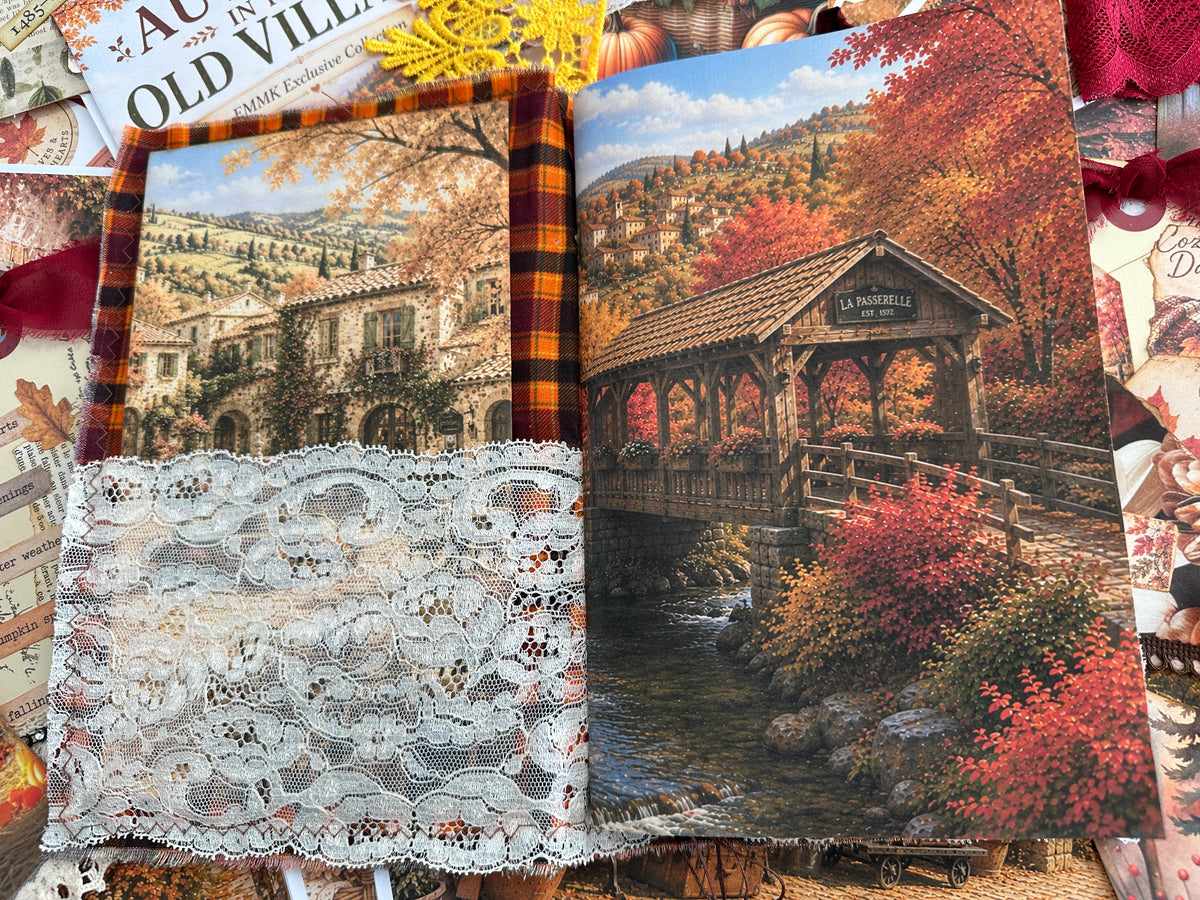 E's Destash Fall Journal with 2 Signatures sew in, over 70 Sheets of coordinating paper. Many, Many Embellishments