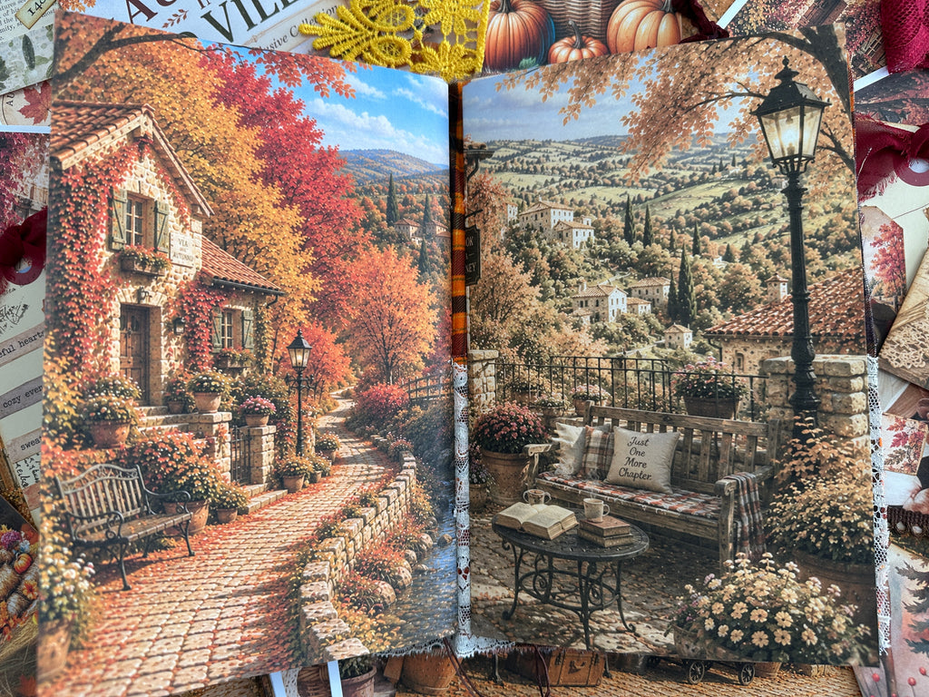 E's Destash Fall Journal with 2 Signatures sew in, over 70 Sheets of coordinating paper. Many, Many Embellishments