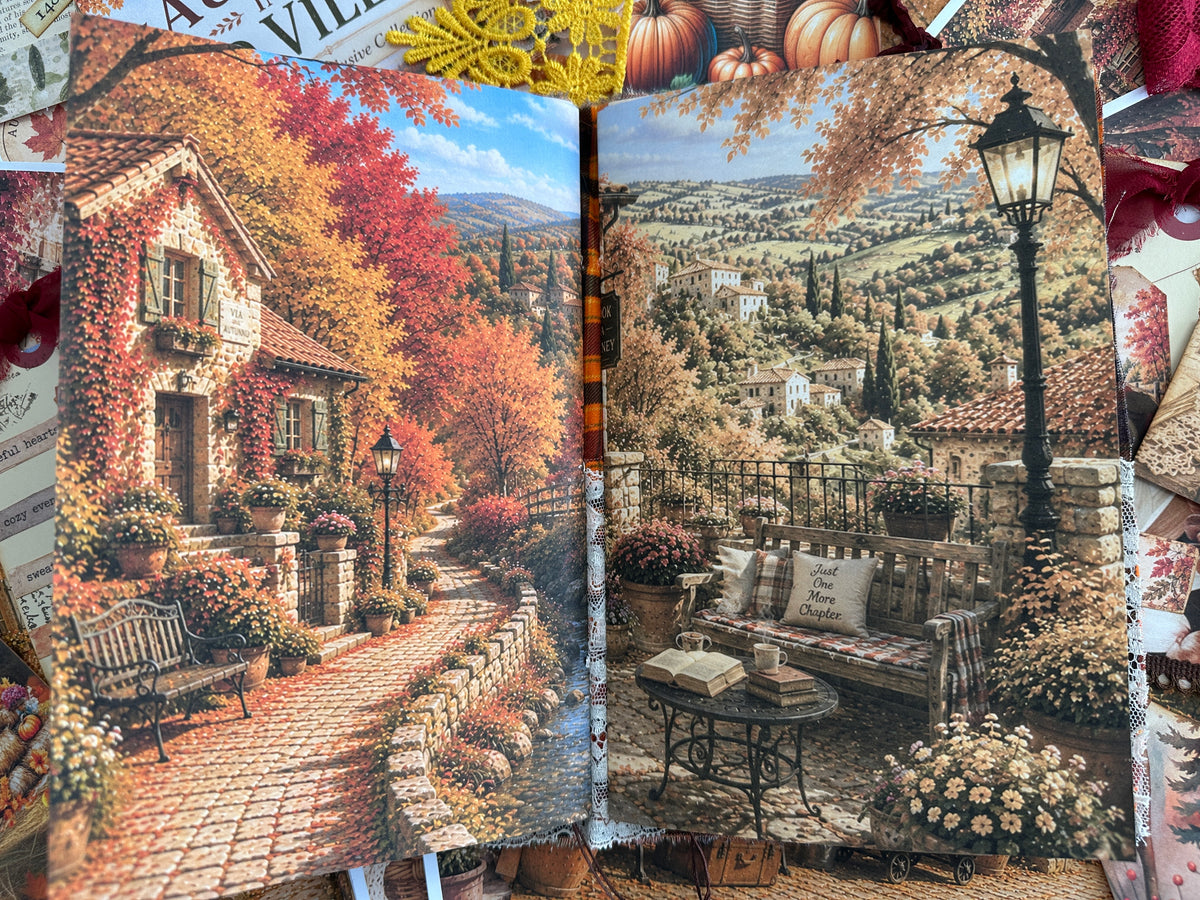 E's Destash Fall Journal with 2 Signatures sew in, over 70 Sheets of coordinating paper. Many, Many Embellishments