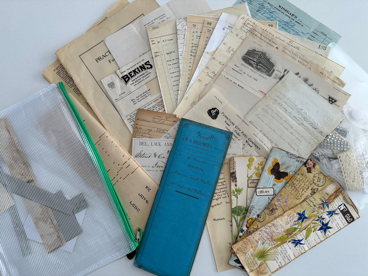 E's Destash Document Journal with Original documents and large pack of original vintage documents and embellishments