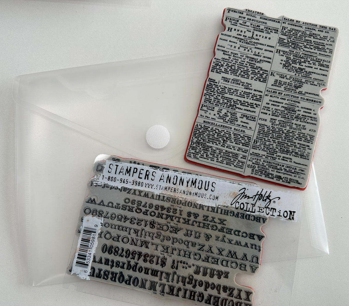 E's Destash - Stampers Anonymous Cling Mount STAMPS Newsprint & Type Cms266 and Storage Pouch