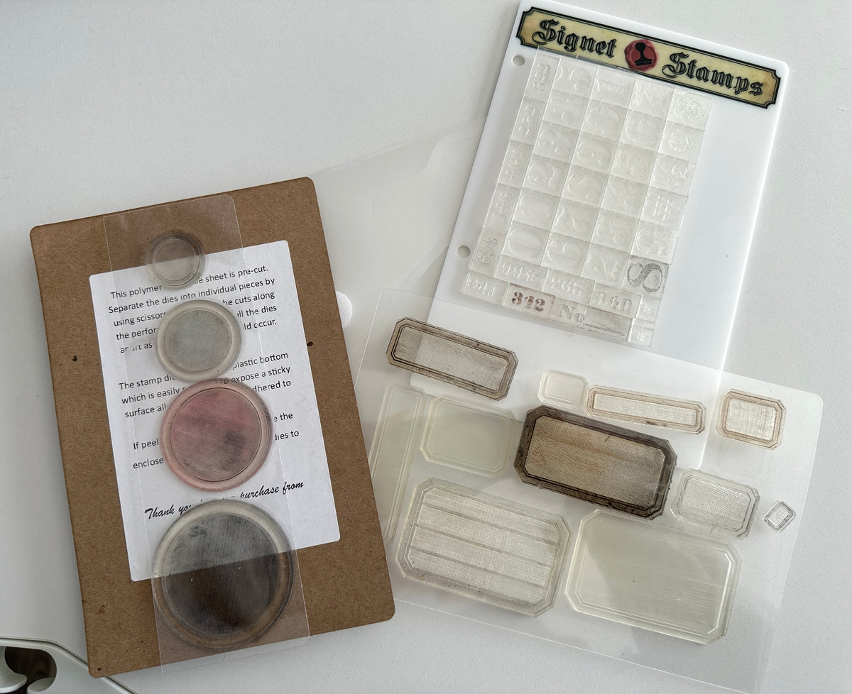 E's Destash - 3 Signet Stamp Sets - Labels, Circles and Numbers and Alfha - With storage pouch
