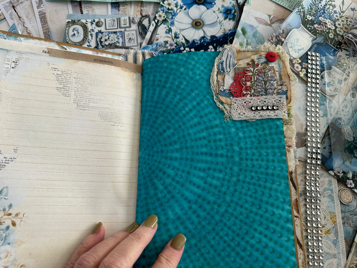 E's Destash - Journal with a hard cover and soft spine and lots of ephemera and extra pages and zipper bag