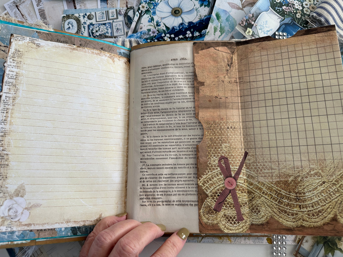 E's Destash - Journal with a hard cover and soft spine and lots of ephemera and extra pages and zipper bag