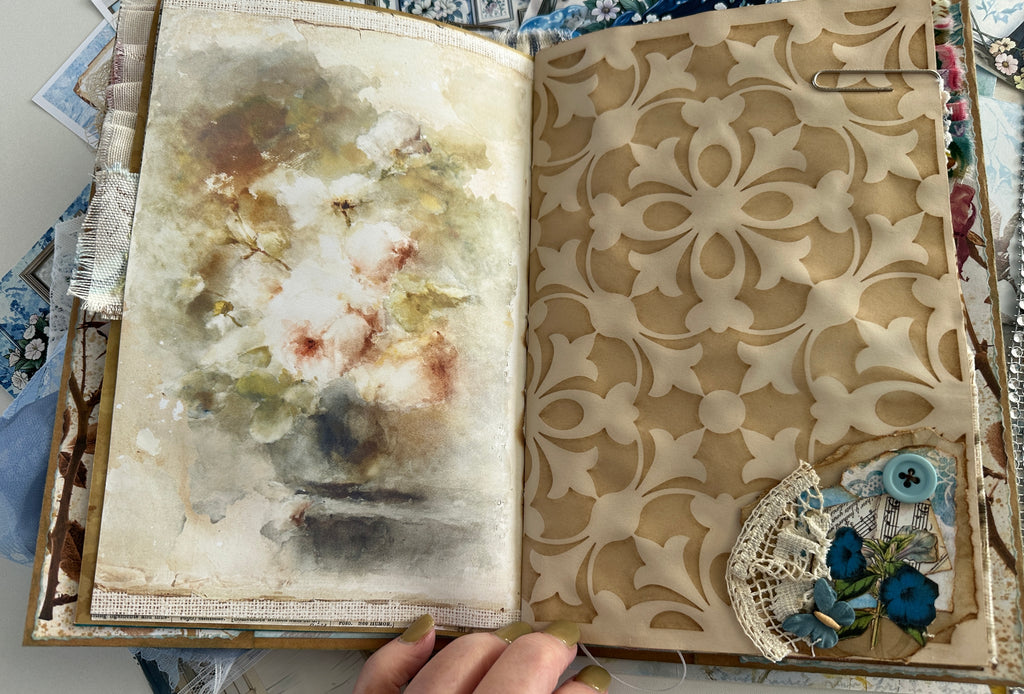 E's Destash - Journal with a hard cover and soft spine and lots of ephemera and extra pages and zipper bag