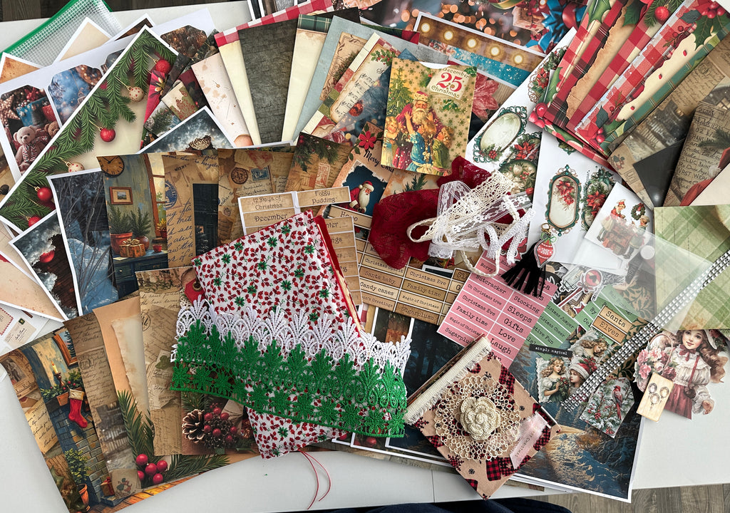 E's Destash Christmas Journal and LARGE 70 page Journal Bundle, Small accordion journal, Pack of Ephemera, lace, etc