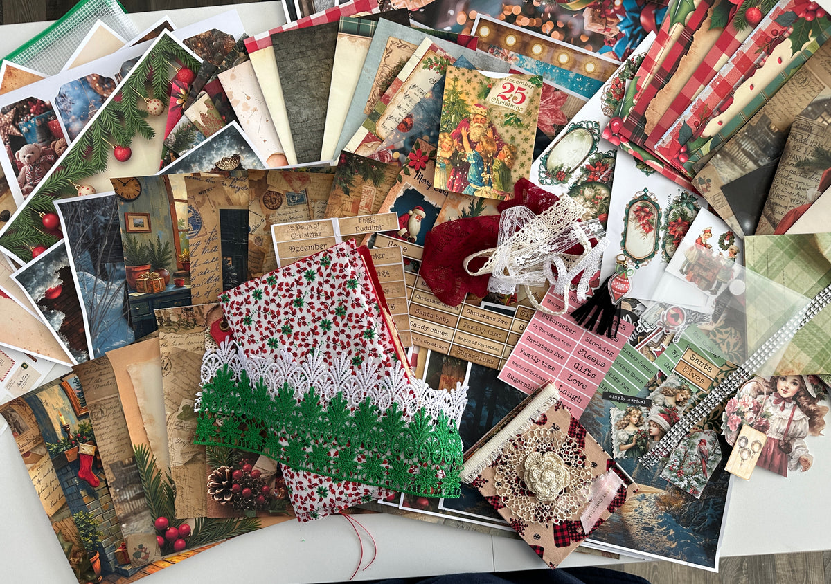 E's Destash Christmas Journal and LARGE 70 page Journal Bundle, Small accordion journal, Pack of Ephemera, lace, etc