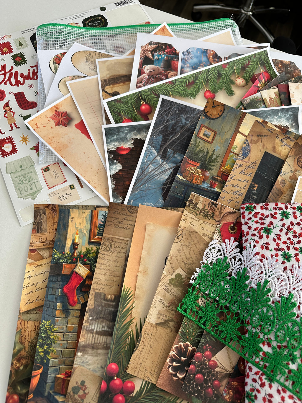 E's Destash Christmas Journal and LARGE 70 page Journal Bundle, Small accordion journal, Pack of Ephemera, lace, etc