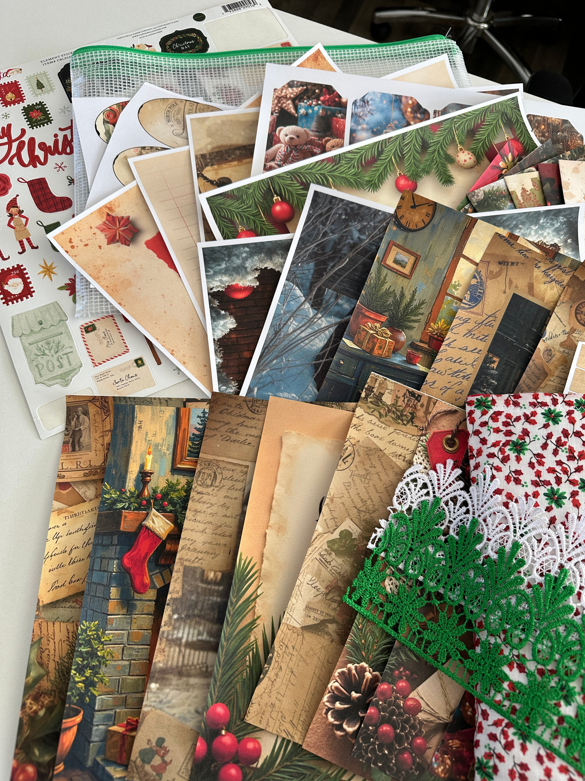 E's Destash Christmas Journal and LARGE 70 page Journal Bundle, Small accordion journal, Pack of Ephemera, lace, etc