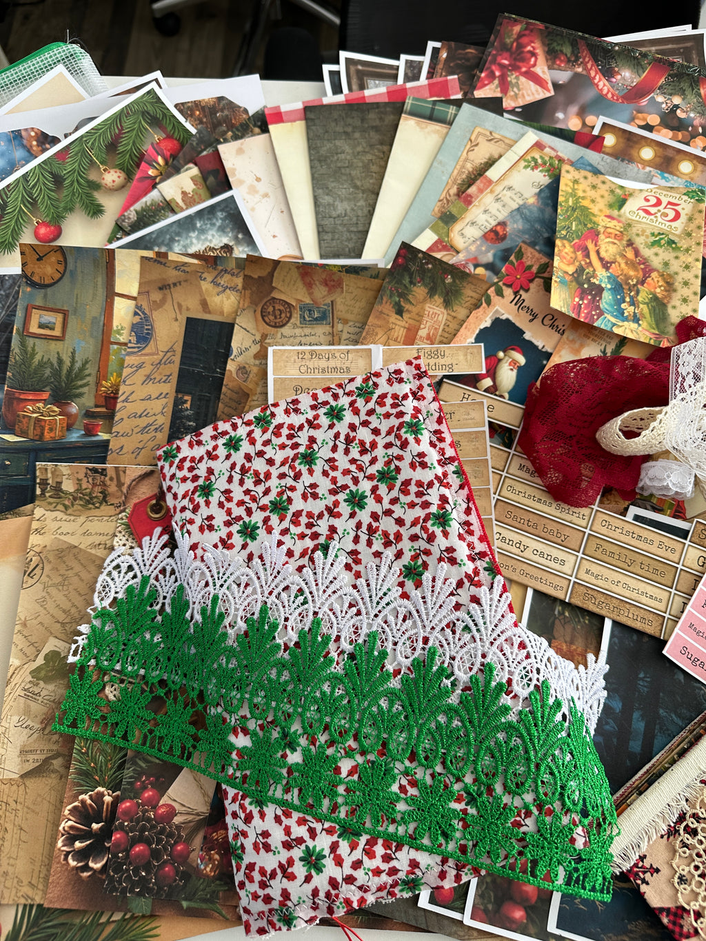 E's Destash Christmas Journal and LARGE 70 page Journal Bundle, Small accordion journal, Pack of Ephemera, lace, etc