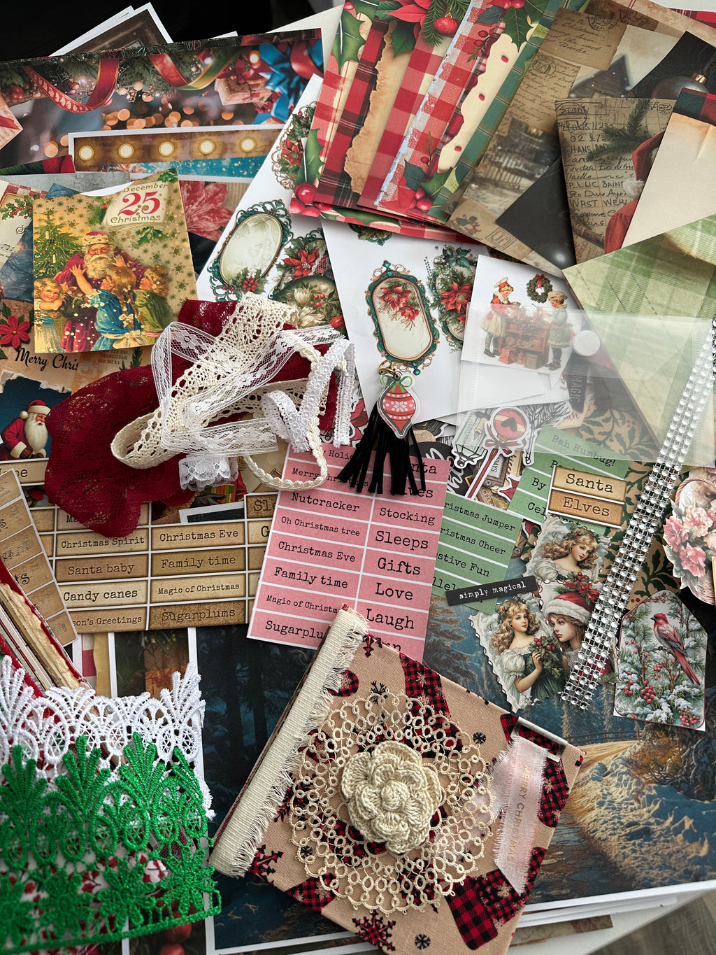 E's Destash Christmas Journal and LARGE 70 page Journal Bundle, Small accordion journal, Pack of Ephemera, lace, etc