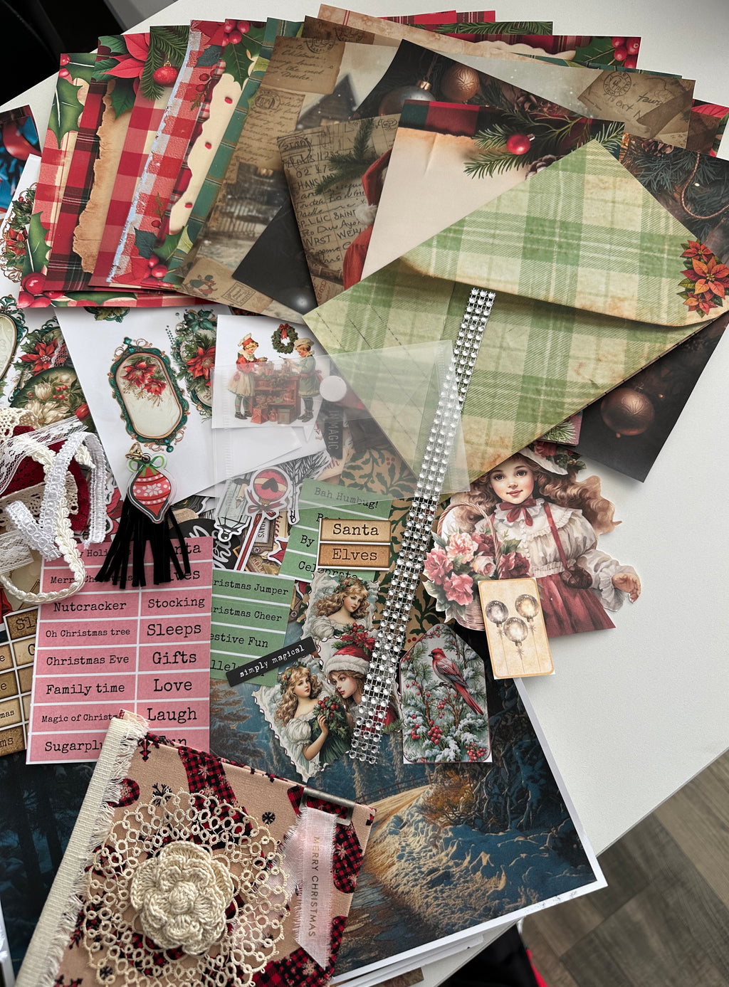 E's Destash Christmas Journal and LARGE 70 page Journal Bundle, Small accordion journal, Pack of Ephemera, lace, etc