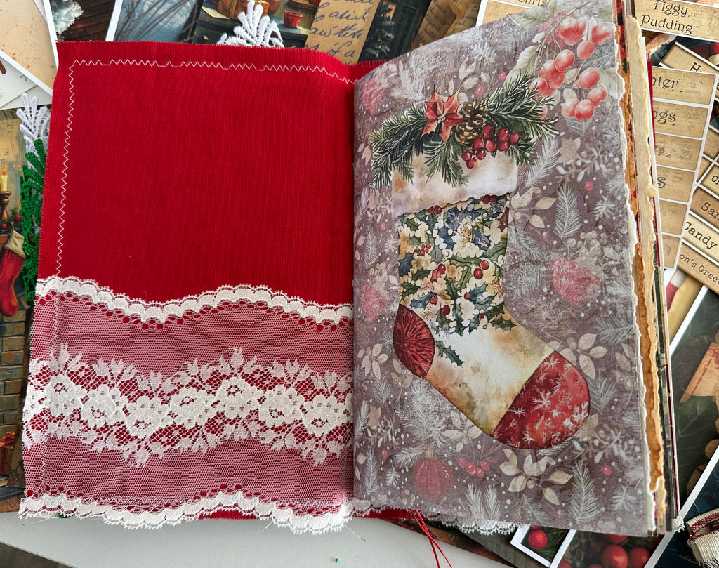 E's Destash Christmas Journal and LARGE 70 page Journal Bundle, Small accordion journal, Pack of Ephemera, lace, etc