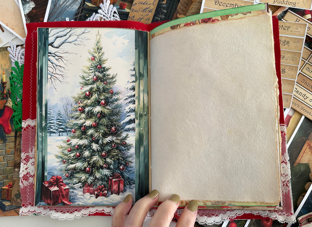 E's Destash Christmas Journal and LARGE 70 page Journal Bundle, Small accordion journal, Pack of Ephemera, lace, etc