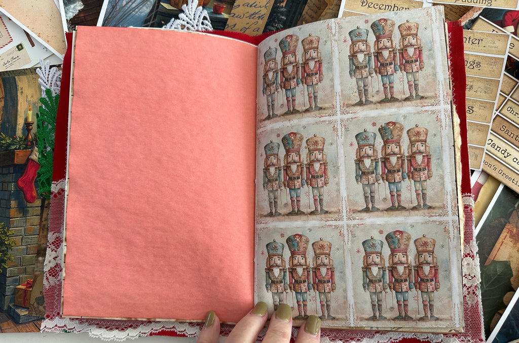 E's Destash Christmas Journal and LARGE 70 page Journal Bundle, Small accordion journal, Pack of Ephemera, lace, etc